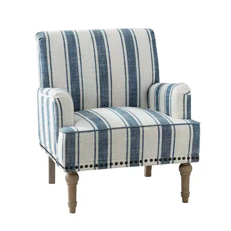Fauteuil de chambre à coucher en bois rembourré avec garniture cloutée et motif à rayures unique