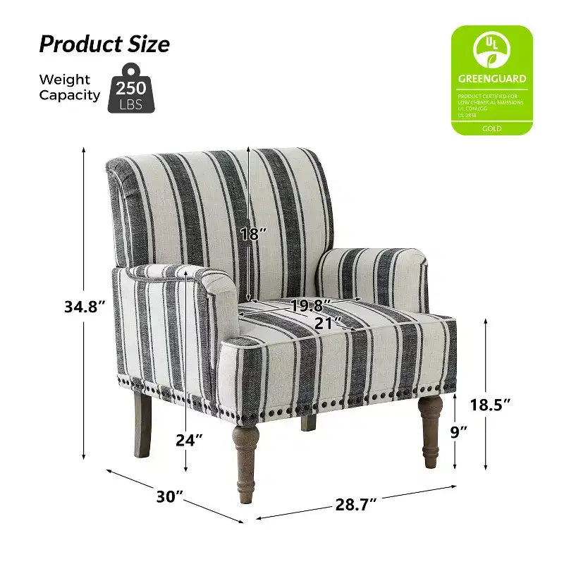 Fauteuil de chambre à coucher en bois rembourré avec garniture cloutée et motif à rayures unique