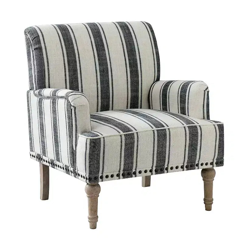 Fauteuil de chambre à coucher en bois rembourré avec garniture cloutée et motif à rayures unique