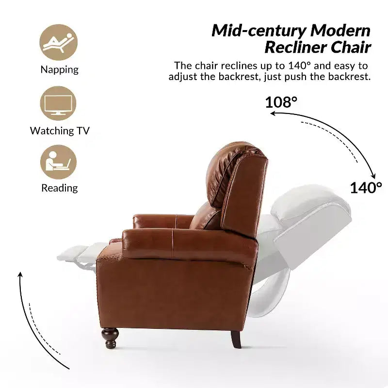 Fauteuil inclinable moderne en cuir véritable avec garniture de clous décoratifs de style vintage pour le salon et la chambre à coucher