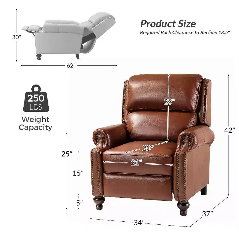 Fauteuil inclinable moderne en cuir véritable avec garniture de clous décoratifs de style vintage pour le salon et la chambre à coucher
