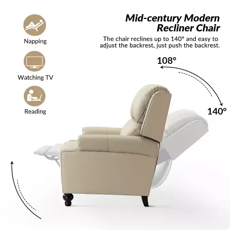 Fauteuil inclinable moderne en cuir véritable avec garniture de clous décoratifs de style vintage pour le salon et la chambre à coucher