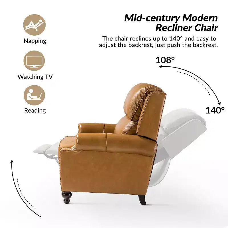 Fauteuil inclinable moderne en cuir véritable avec garniture de clous décoratifs de style vintage pour le salon et la chambre à coucher