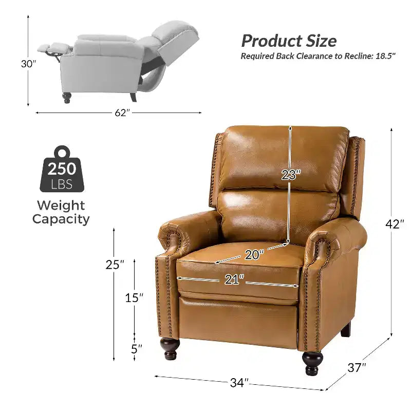 Fauteuil inclinable moderne en cuir véritable avec garniture de clous décoratifs de style vintage pour le salon et la chambre à coucher
