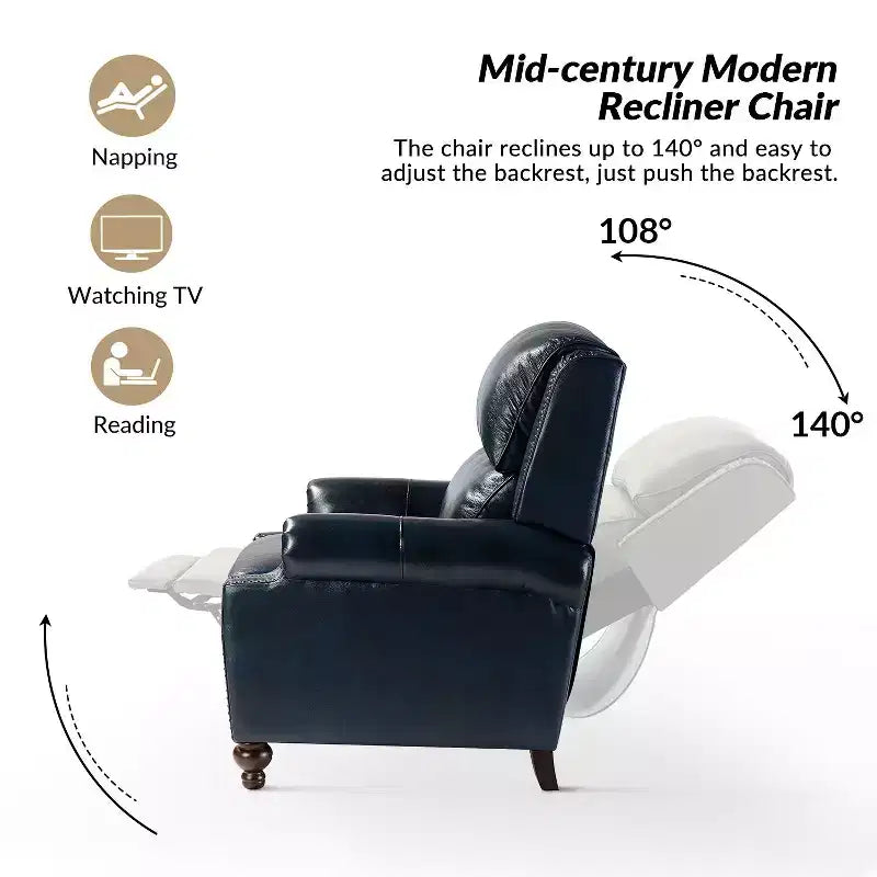 Fauteuil inclinable moderne en cuir véritable avec garniture de clous décoratifs de style vintage pour le salon et la chambre à coucher
