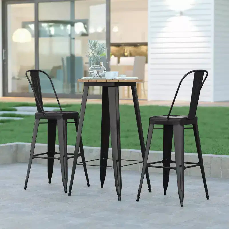 Table de bar intérieur/extérieur ronde de 23,75 po avec plateau en résine de polyéthylène résistant aux intempéries et base en acier