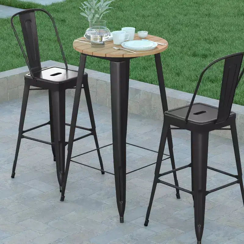 Table de bar intérieur/extérieur ronde de 23,75 po avec plateau en résine de polyéthylène résistant aux intempéries et base en acier