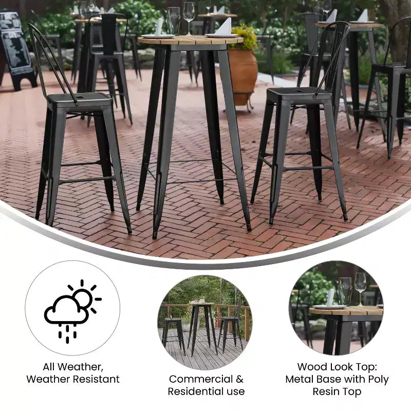 Table de bar intérieur/extérieur ronde de 23,75 po avec plateau en résine de polyéthylène résistant aux intempéries et base en acier