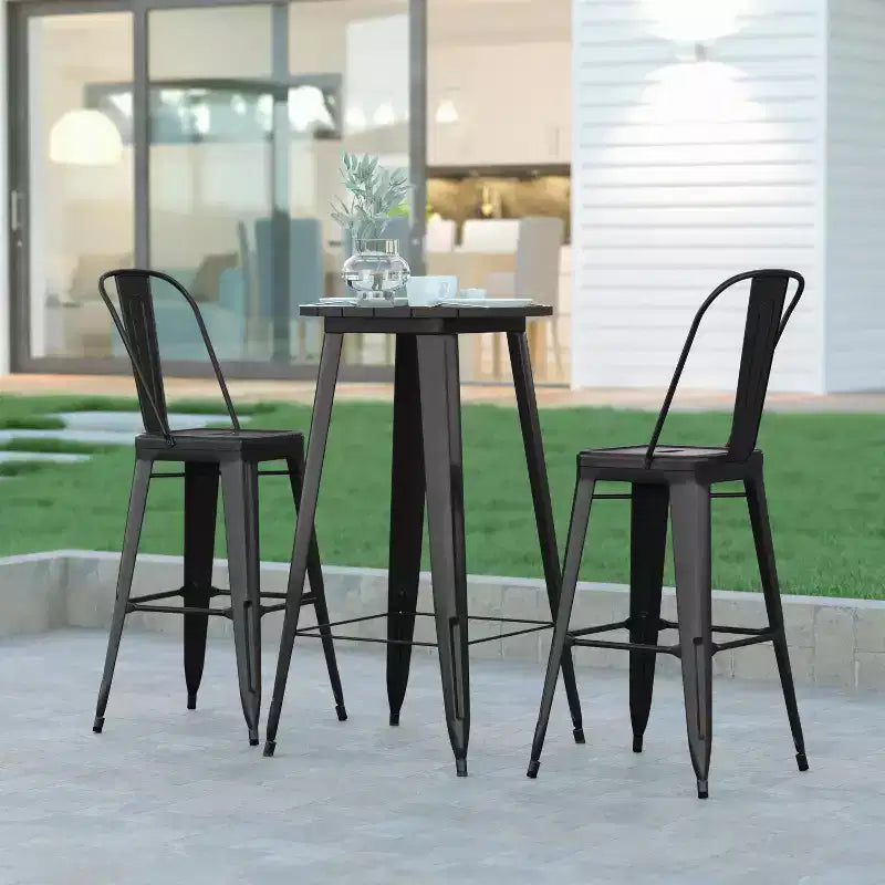 Table de bar intérieur/extérieur ronde de 23,75 po avec plateau en résine de polyéthylène résistant aux intempéries et base en acier