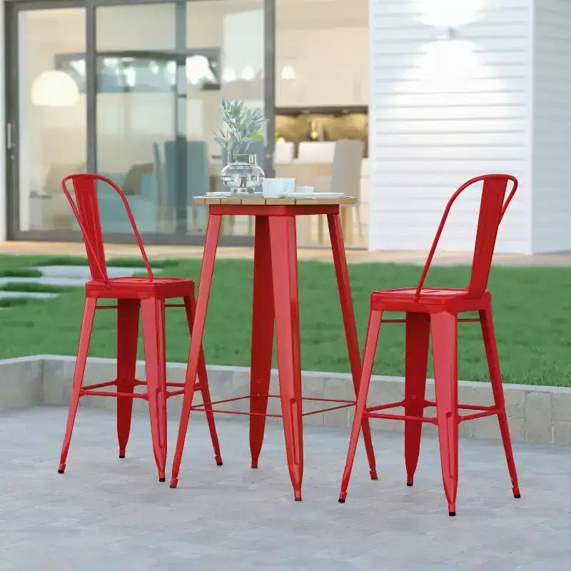 Table de bar intérieur/extérieur ronde de 23,75 po avec plateau en résine de polyéthylène résistant aux intempéries et base en acier