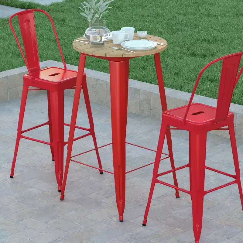 Table de bar intérieur/extérieur ronde de 23,75 po avec plateau en résine de polyéthylène résistant aux intempéries et base en acier