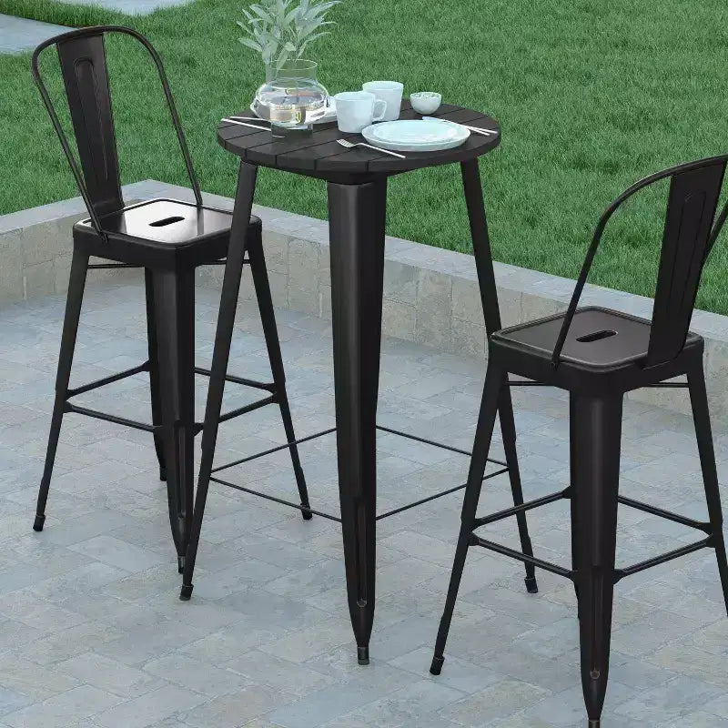Table de bar intérieur/extérieur ronde de 23,75 po avec plateau en résine de polyéthylène résistant aux intempéries et base en acier