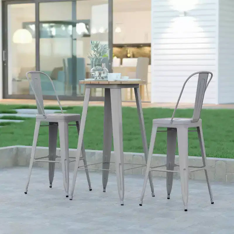 Table de bar intérieur/extérieur ronde de 23,75 po avec plateau en résine de polyéthylène résistant aux intempéries et base en acier