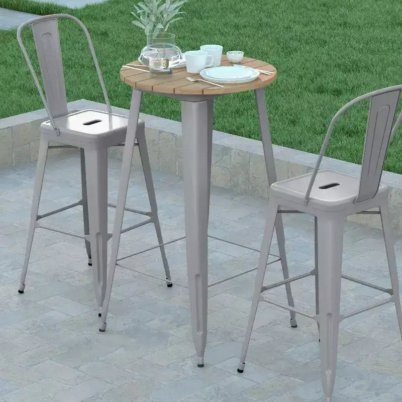 Table de bar intérieur/extérieur ronde de 23,75 po avec plateau en résine de polyéthylène résistant aux intempéries et base en acier
