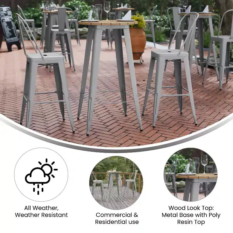 Table de bar intérieur/extérieur ronde de 23,75 po avec plateau en résine de polyéthylène résistant aux intempéries et base en acier