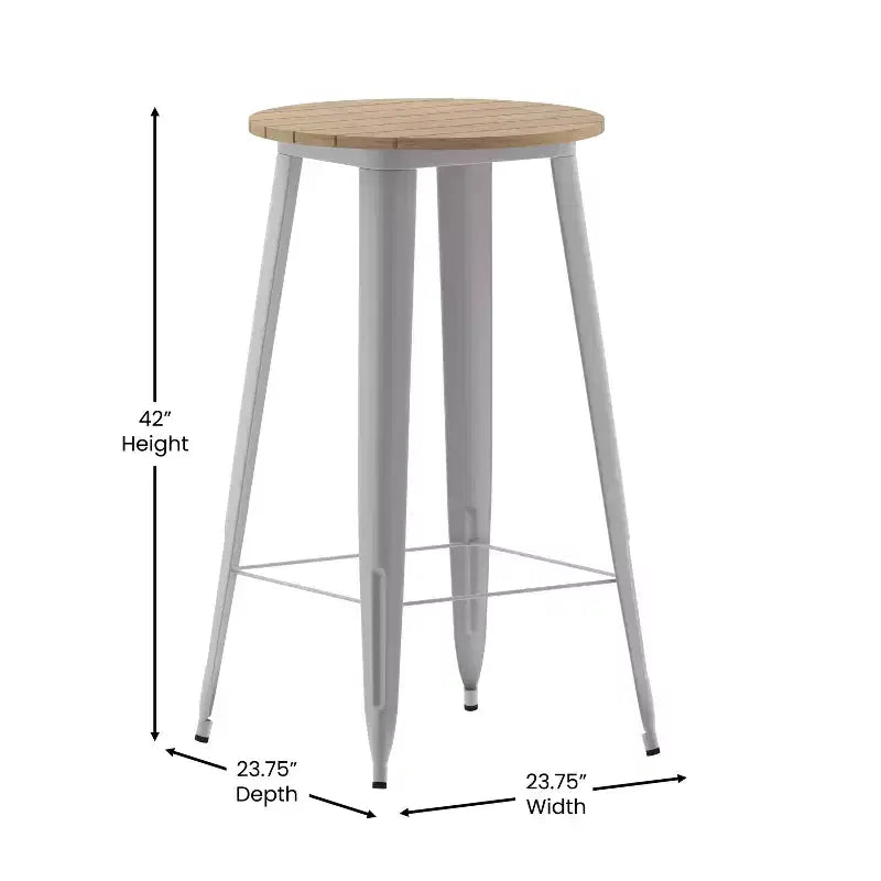 Table de bar intérieur/extérieur ronde de 23,75 po avec plateau en résine de polyéthylène résistant aux intempéries et base en acier