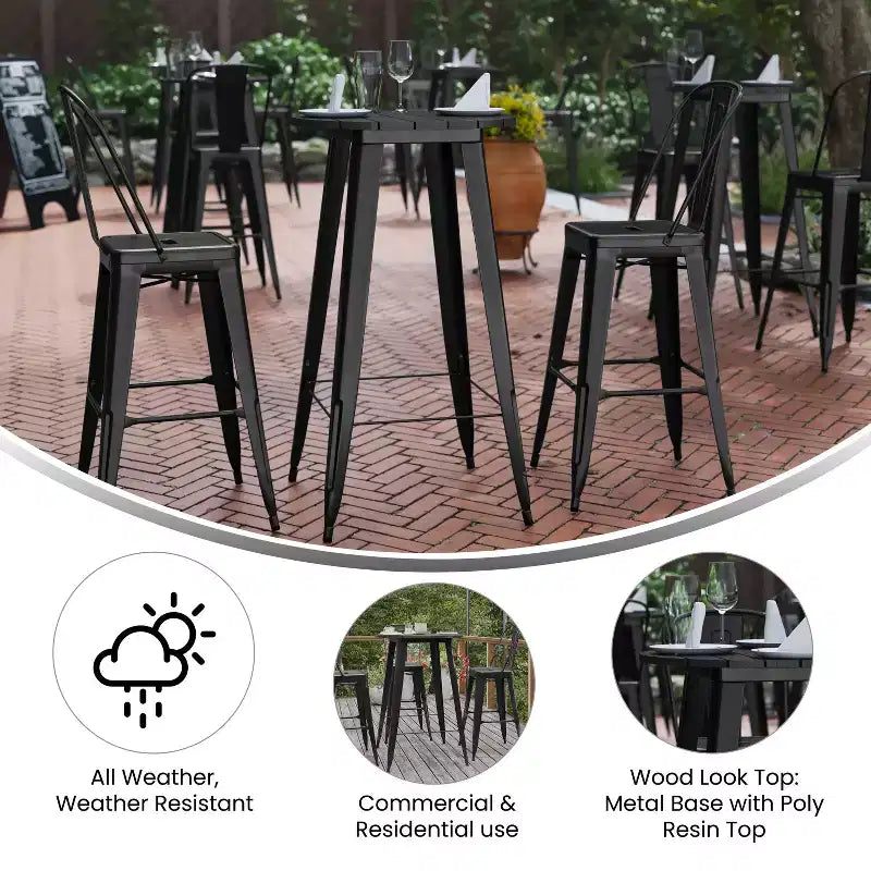 Table de bar intérieur/extérieur ronde de 23,75 po avec plateau en résine de polyéthylène résistant aux intempéries et base en acier