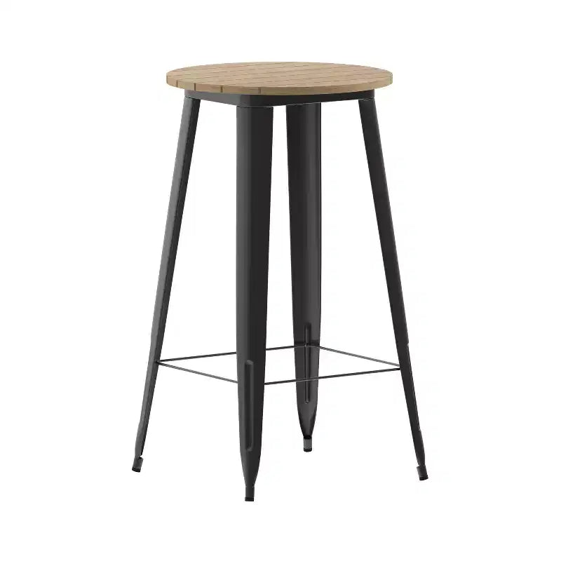 Table de bar intérieur/extérieur ronde de 23,75 po avec plateau en résine de polyéthylène résistant aux intempéries et base en acier