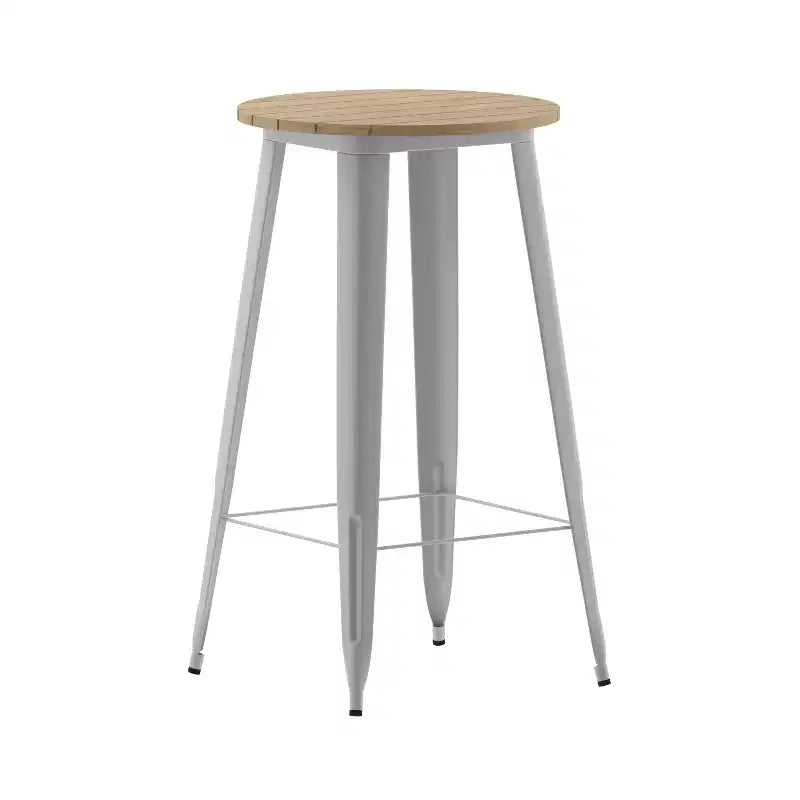 Table de bar intérieur/extérieur ronde de 23,75 po avec plateau en résine de polyéthylène résistant aux intempéries et base en acier