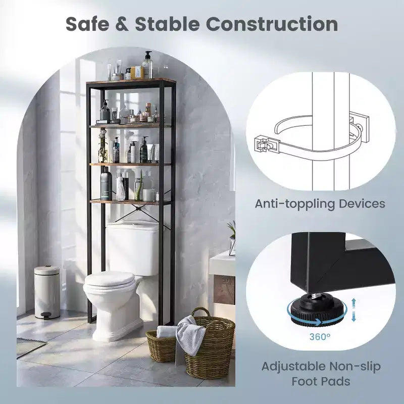 Étagère de rangement 4 niveaux au-dessus des toilettes Meuble de salle de bain autoportant Marron rustique