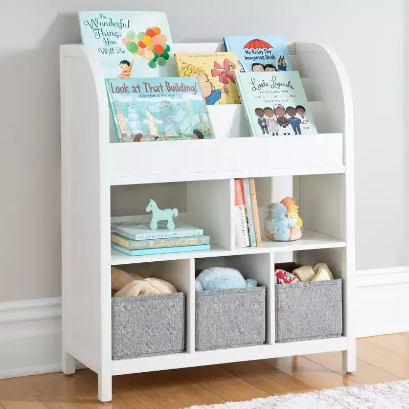 Martha Stewart Kids' Jr. Book and Bin Browser: Children's Bookshelf Toy Storage with Book Display with Fabric Bins