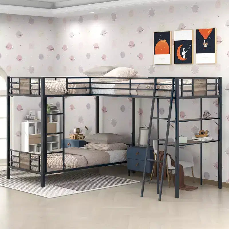 L-Shaped Twin over Twin Bunk Bed with Twin Size Loft Bed with Desk and Shelf Brown - ModernLuxe
