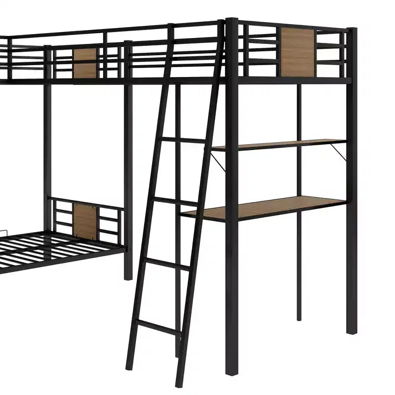 Lit superposé en L avec lits jumeaux, lit mezzanine jumeau avec bureau et étagère marron