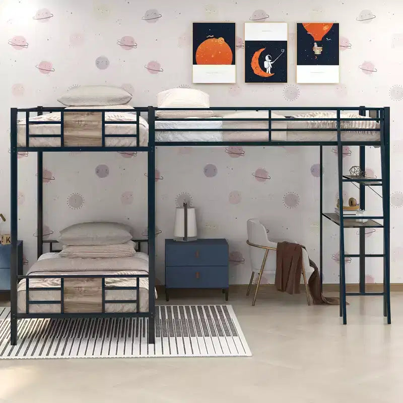 Lit superposé en L avec lits jumeaux, lit mezzanine jumeau avec bureau et étagère marron