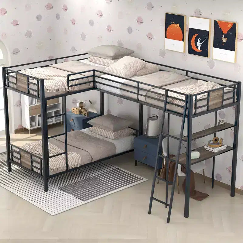 Lit superposé en L avec lits jumeaux, lit mezzanine jumeau avec bureau et étagère marron