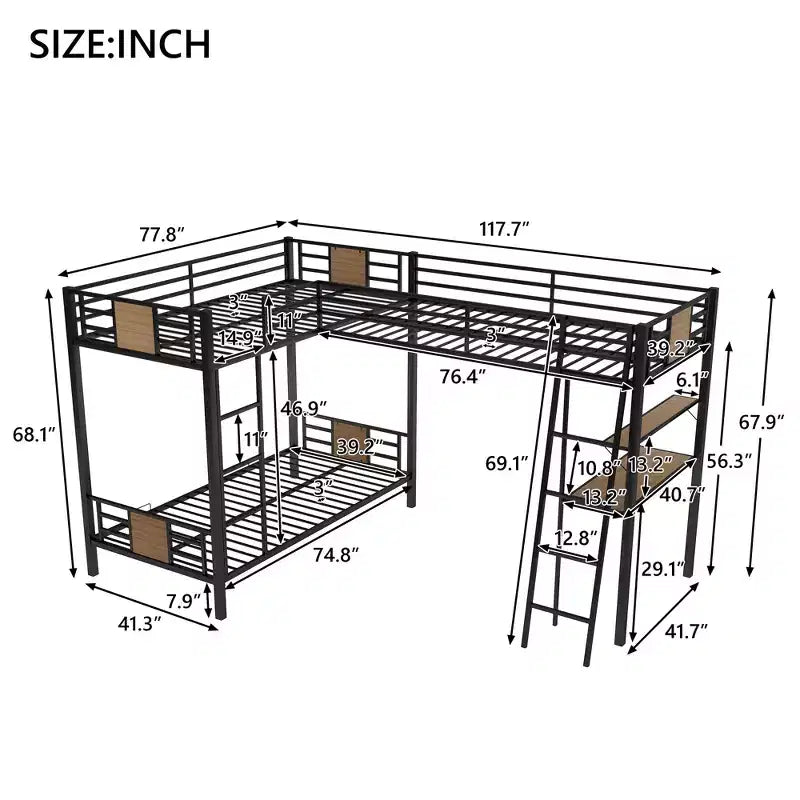 Lit superposé en L avec lits jumeaux, lit mezzanine jumeau avec bureau et étagère marron