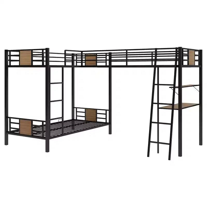 Lit superposé en L avec lits jumeaux, lit mezzanine jumeau avec bureau et étagère marron