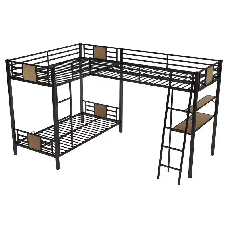 Lit superposé en L avec lits jumeaux, lit mezzanine jumeau avec bureau et étagère marron