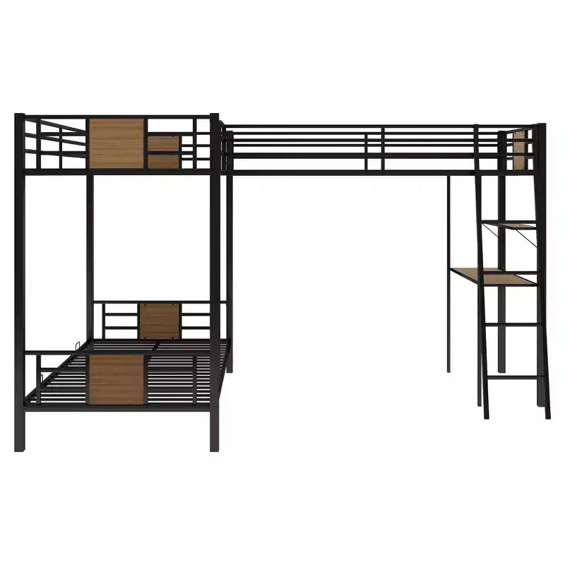 Lit superposé en L avec lits jumeaux, lit mezzanine jumeau avec bureau et étagère marron