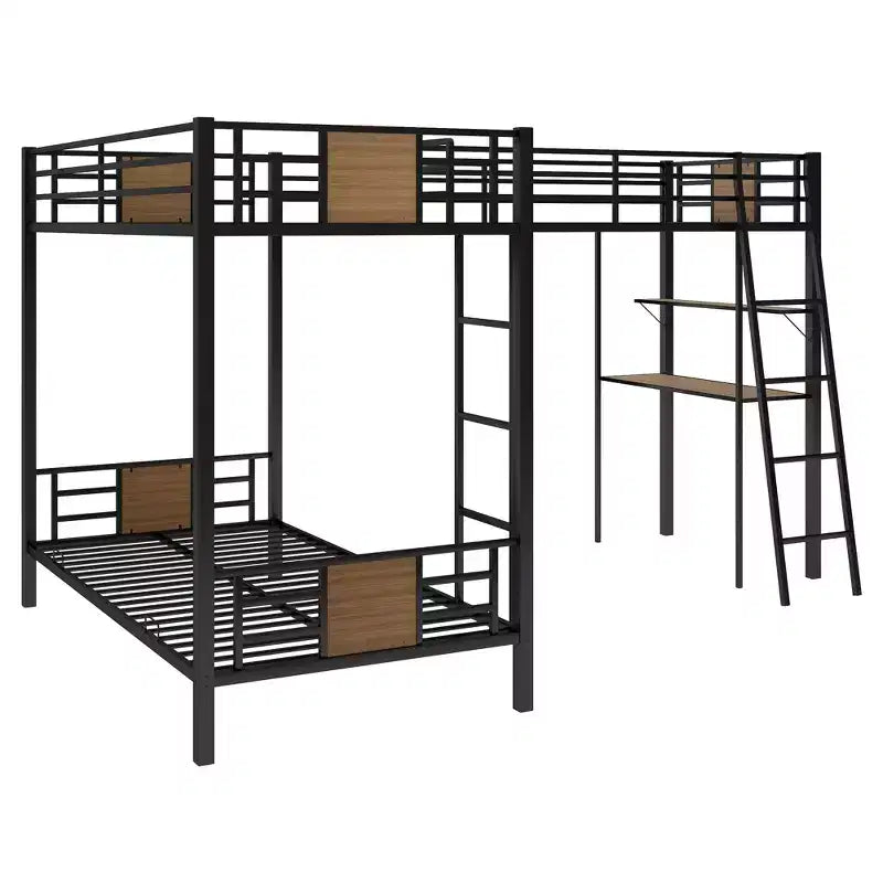 Lit superposé en L avec lits jumeaux, lit mezzanine jumeau avec bureau et étagère marron