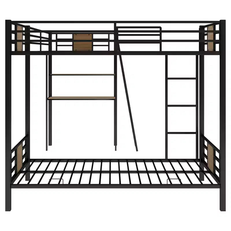Lit superposé en L avec lits jumeaux, lit mezzanine jumeau avec bureau et étagère marron