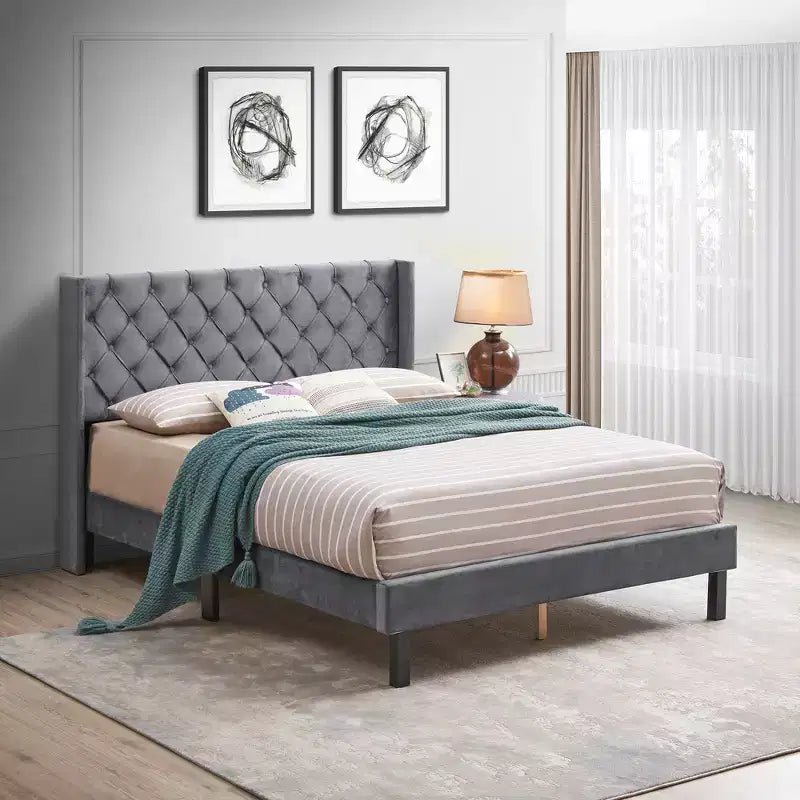 Queen Size Velvet Button Tufted Upholstered Platform Bed Gray - ModernLuxe