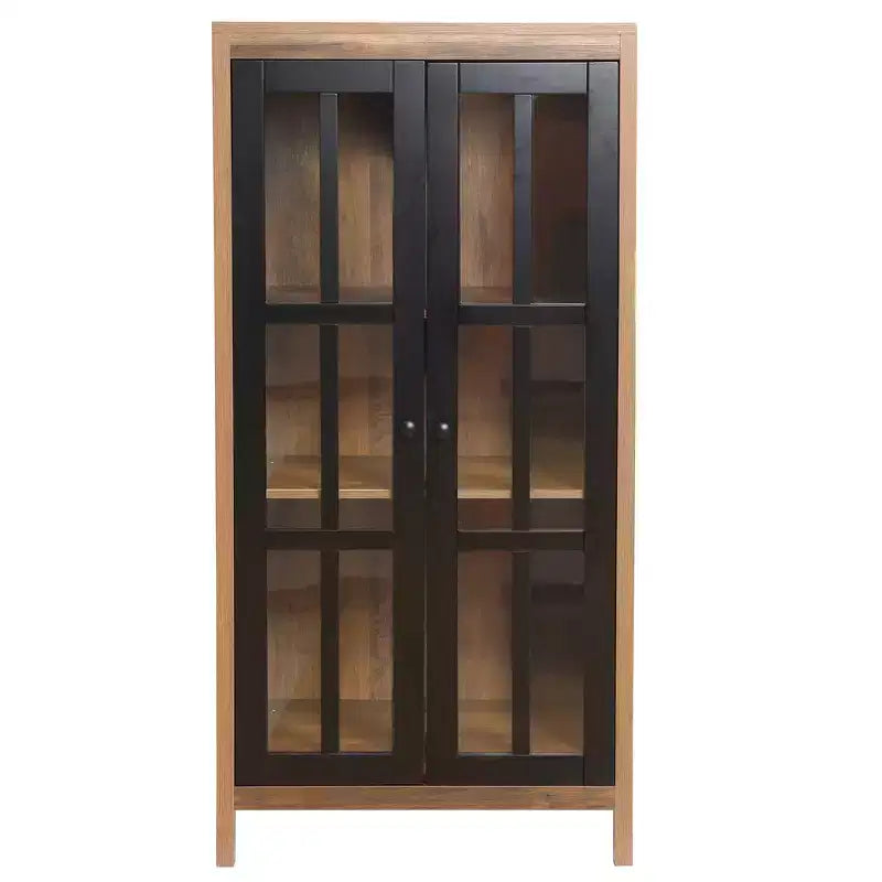 LuxenHome 47.2 Farmhouse Storage Cabinet with Glass Doors Tall Pantry Cabinet Glass Display Cabinet Brown Black