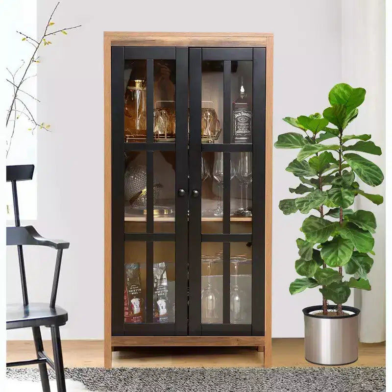 Meuble de Rangement de Ferme avec Portes Vitrées Grand Meuble de Rangement Vitrine Meuble de Rangement Marron Noir