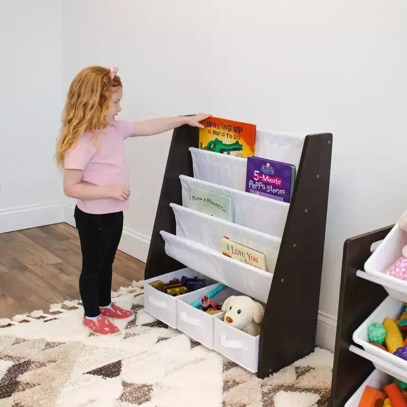 Étagère à livres 4 niveaux pour enfants avec bacs de rangement en tissu