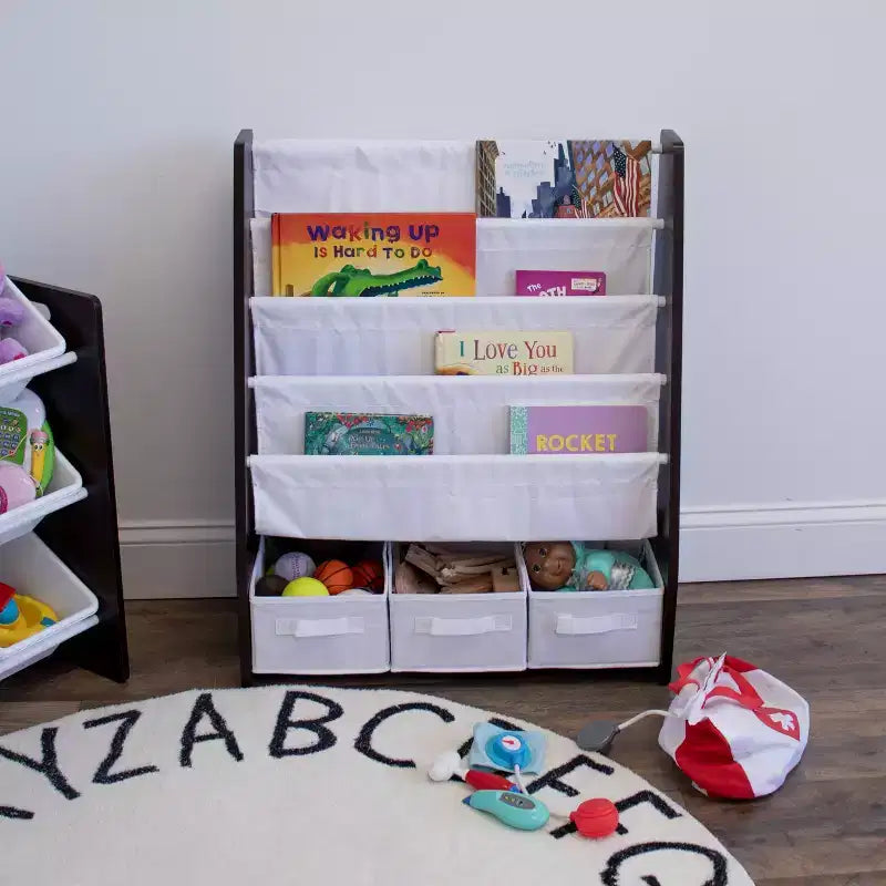 Étagère à livres 4 niveaux pour enfants avec bacs de rangement en tissu