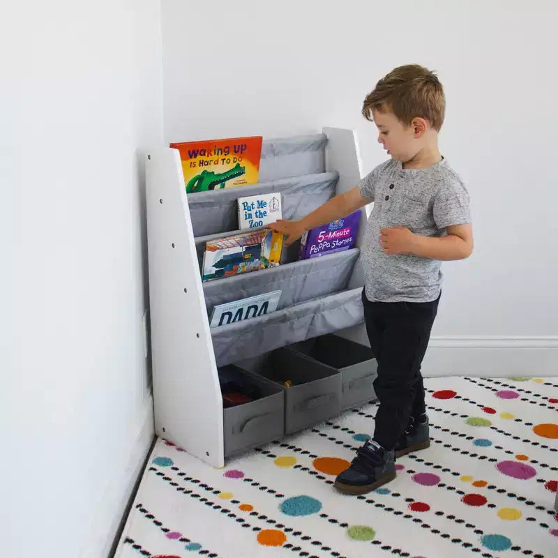 Étagère à livres 4 niveaux pour enfants avec bacs de rangement en tissu