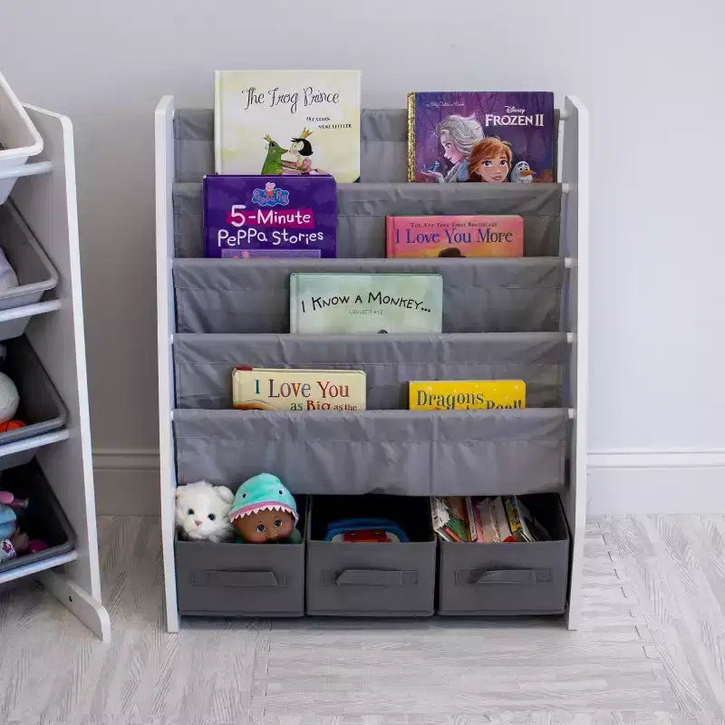 Étagère à livres 4 niveaux pour enfants avec bacs de rangement en tissu