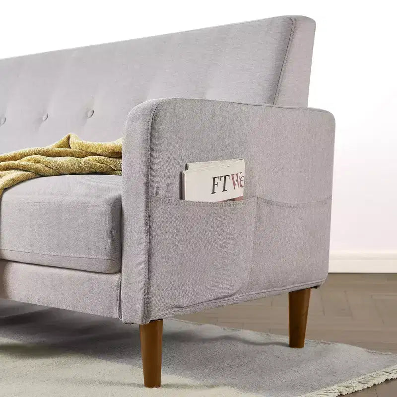 Canapé milieu de siècle moderne avec poches accoudoirs en tissu lin capitonné - Mellow