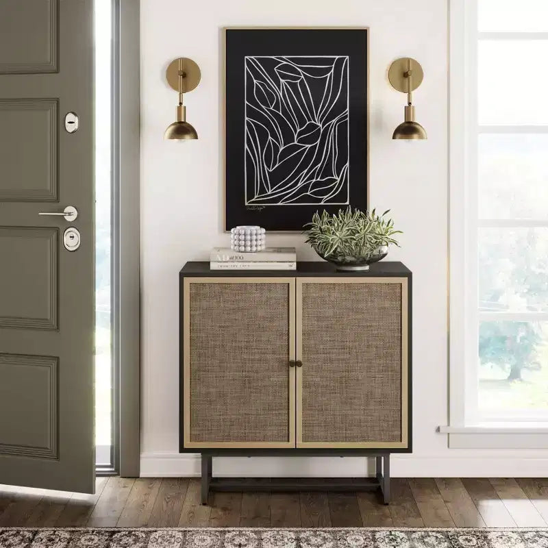 Meuble de rangement en bois et rotin