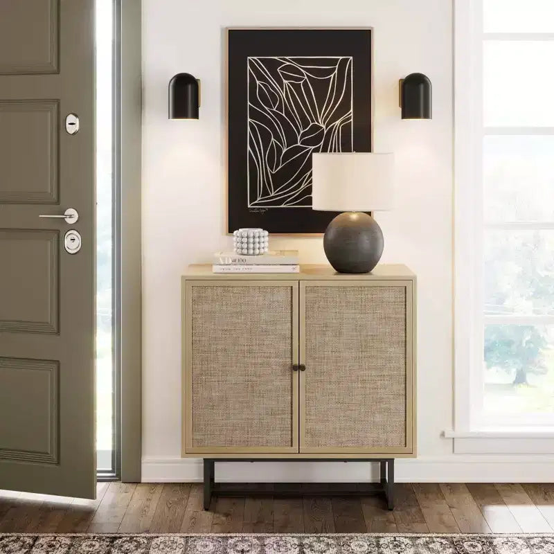 Meuble de rangement en bois et rotin