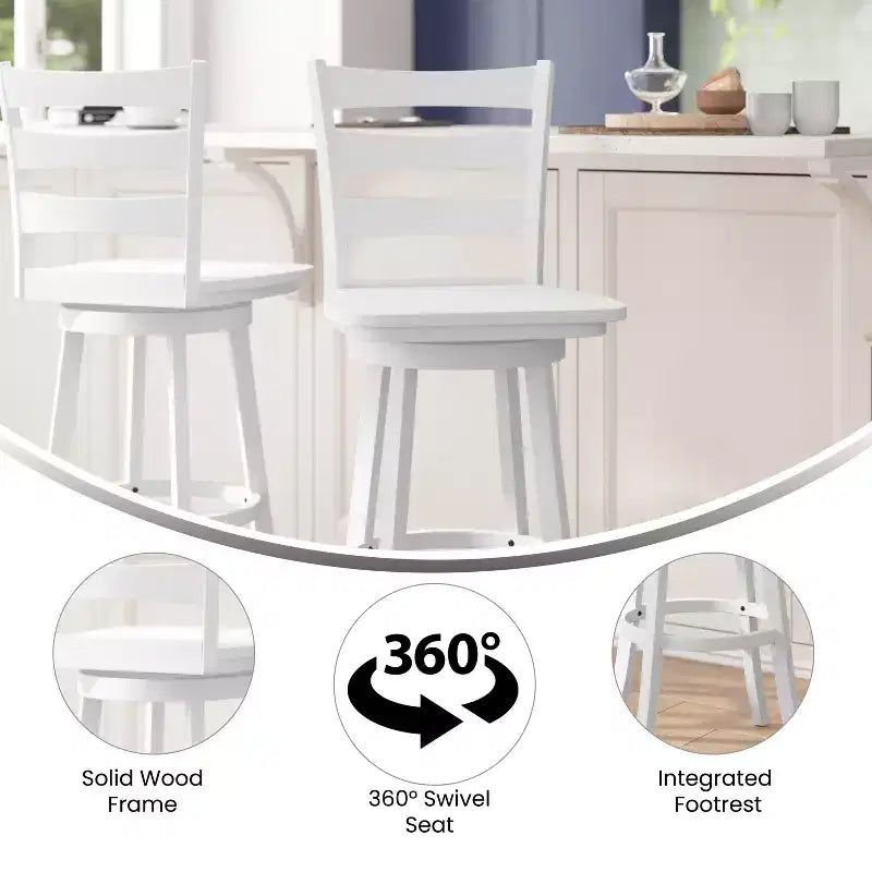 Tabouret de bar pivotant classique en bois à dossier échelle, de qualité commerciale, avec assise en bois massif
