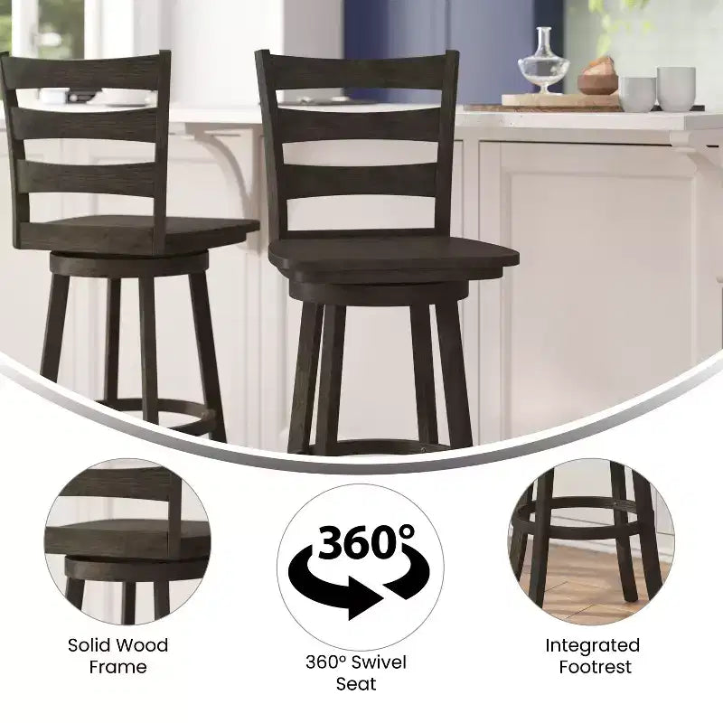Tabouret de bar pivotant classique en bois à dossier échelle, de qualité commerciale, avec assise en bois massif
