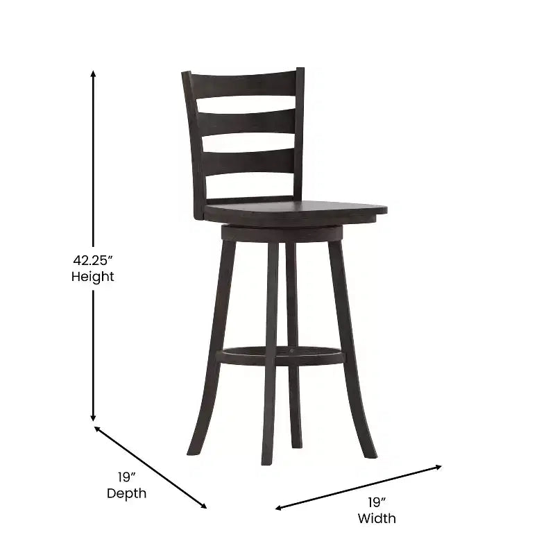 Tabouret de bar pivotant classique en bois à dossier échelle, de qualité commerciale, avec assise en bois massif