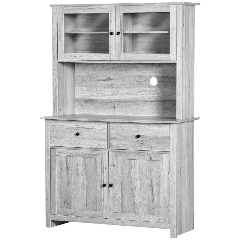 Buffet de cuisine avec huche, armoire de rangement avec 4 étagères, tiroirs, portes vitrées encadrées, espace micro-ondes ouvert