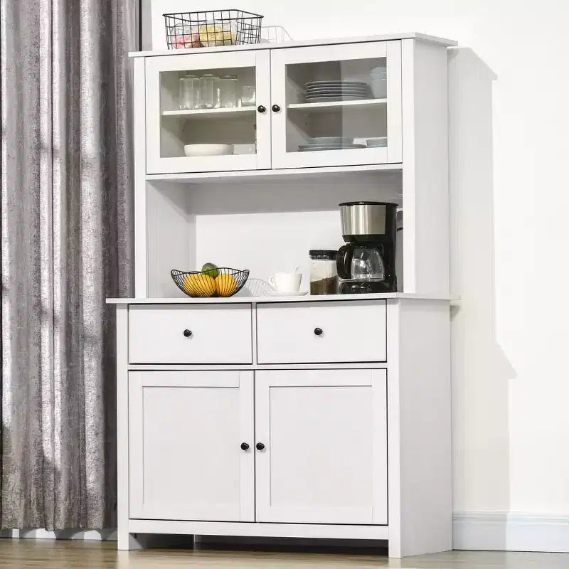Buffet de cuisine avec huche, armoire de rangement avec 4 étagères, tiroirs, portes vitrées encadrées, espace micro-ondes ouvert
